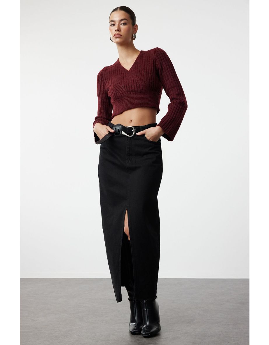 Claret Red Crop Soft Textured Double Breasted Knitwear Sweater