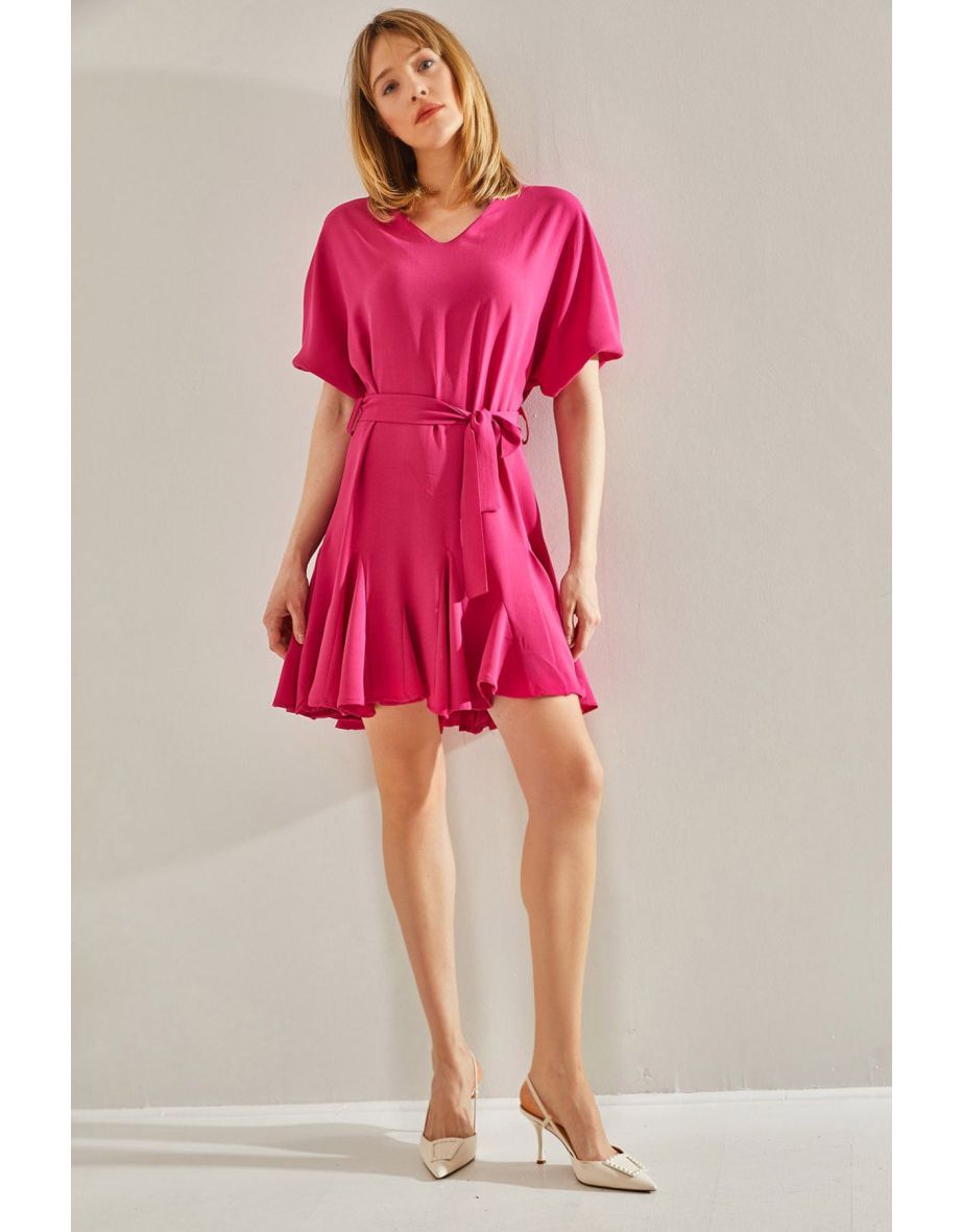 Women's Fuchsia Ruffle Detailed V-Neck Belted Dress - 5