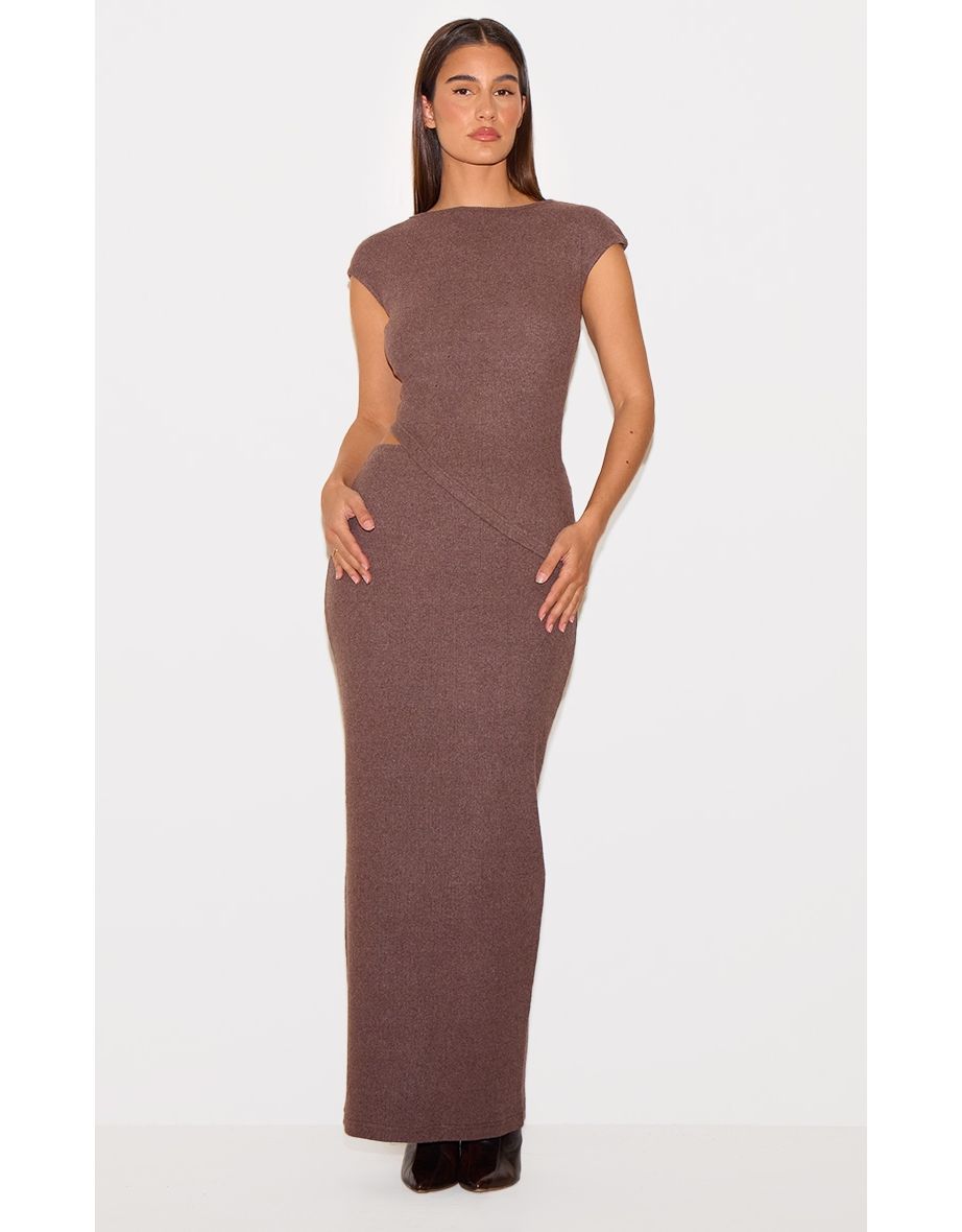 Chocolate Brown Brushed Rib Mid Rise Maxi Skirt