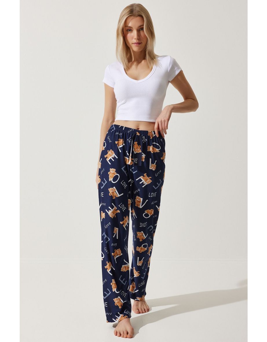 Women's Navy Blue Patterned Soft Textured Knitted Pajamas