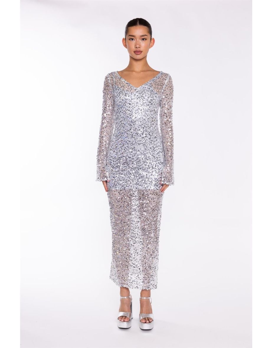 Silver Sequin-Mesh V-neck Maxi-Dress