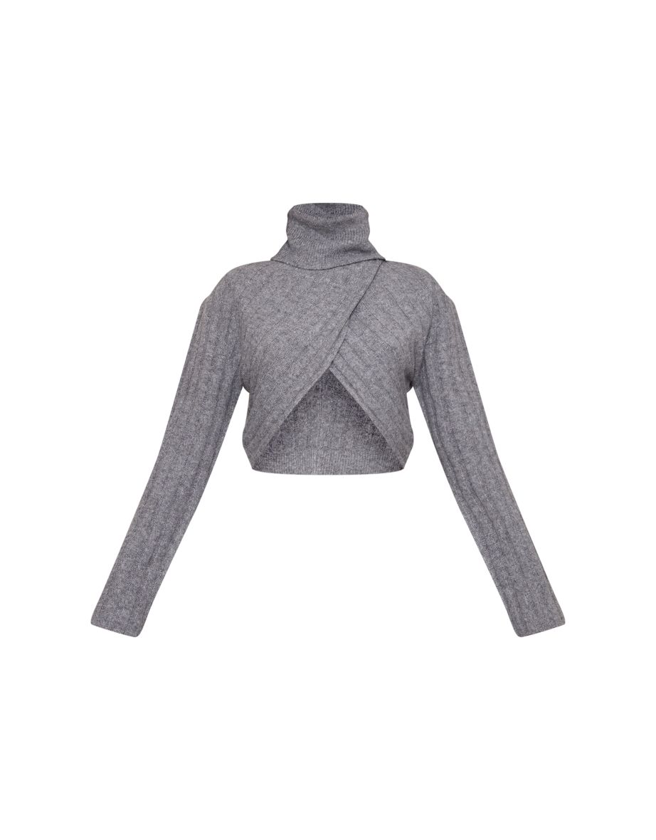 Charcoal Grey Luxe Knit Wide Rib Cross Back Crop Jumper - 4