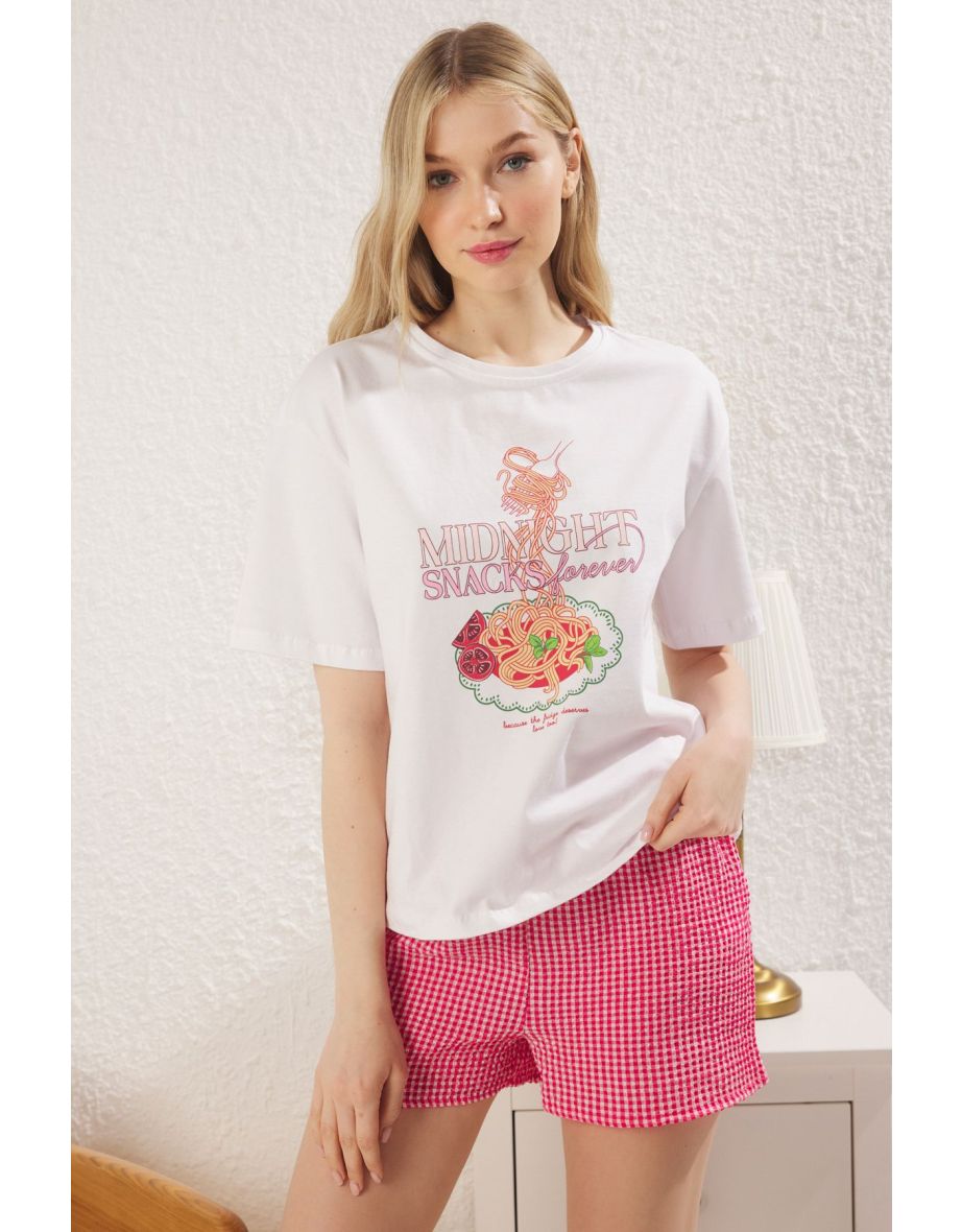 White-Pink Checkered Shorts Top Knitted Bottom Woven Pajama Set