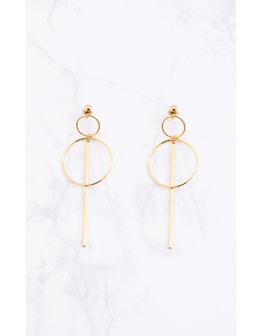 Gold Double Circle Bar Earrings - 2