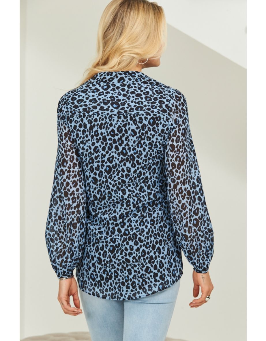 Blue & Black Leopard Print Blouson Sleeve Shirt - 4