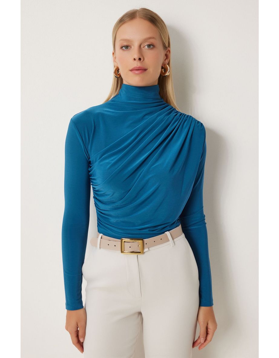 Women's Petrol Green Gather Detailed Stand Collar Sandy Blouse