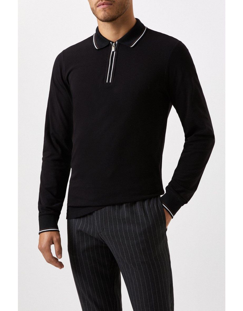 Black Long Sleeve Tipped Collar Polo Shirt