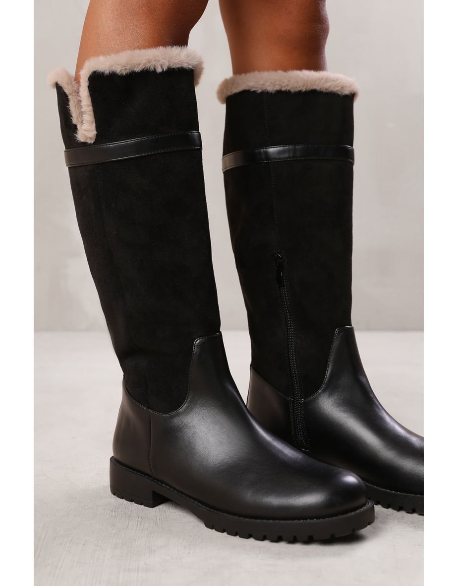 KENDRA KNEE HIGH BOOTS WITH FUR TRIM AND LINING IN BLACK SUEDE AND FAUX LEATHER