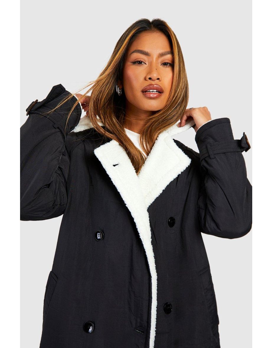 Borg Lined Padded Trench Coat - black - 3