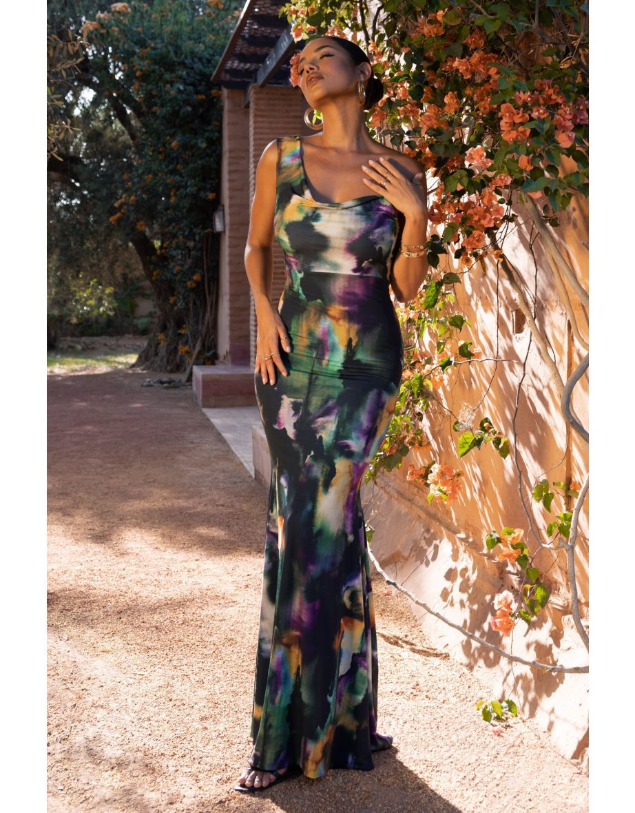 Phantasy | Watercolour Print Asymmetric Neckline Cowl Maxi Dress