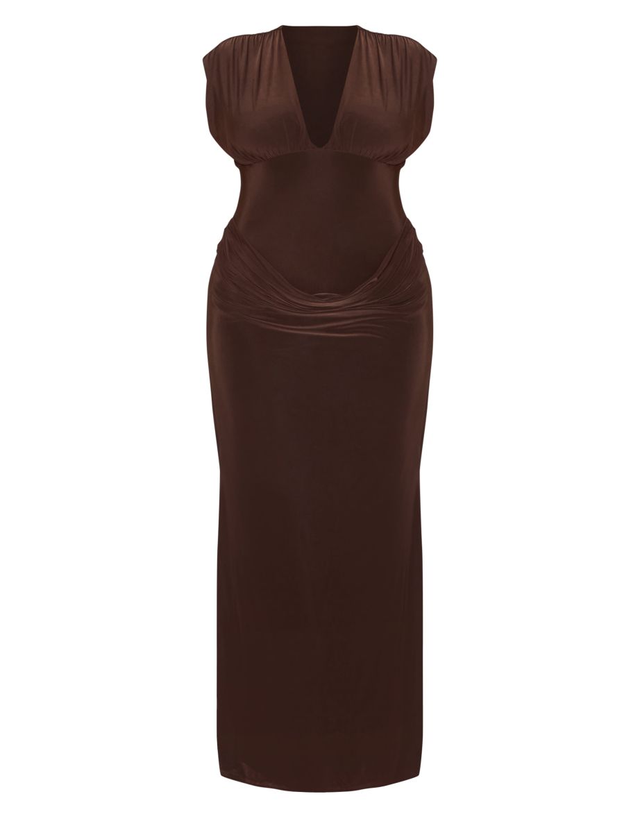 Plus Chocolate Double Layer Plunge Ruched Shoulder Drape Waist Maxi Dress - 4