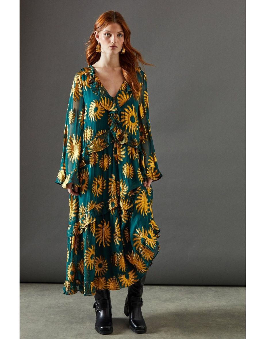 Sun Metallic Jacquard Frill Front Smock Midi Dress