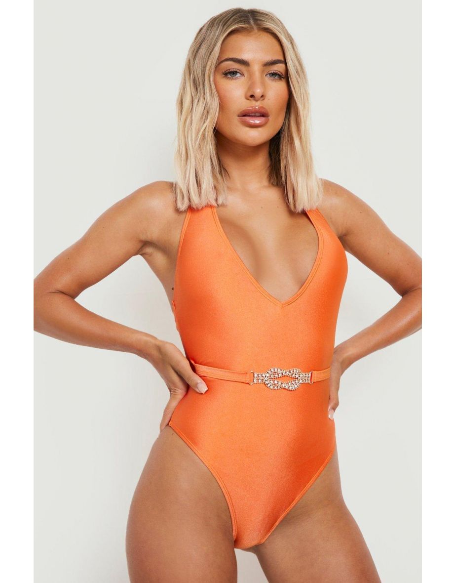 Diamante Jewel Belted Plunge Swimsuit - golden orange