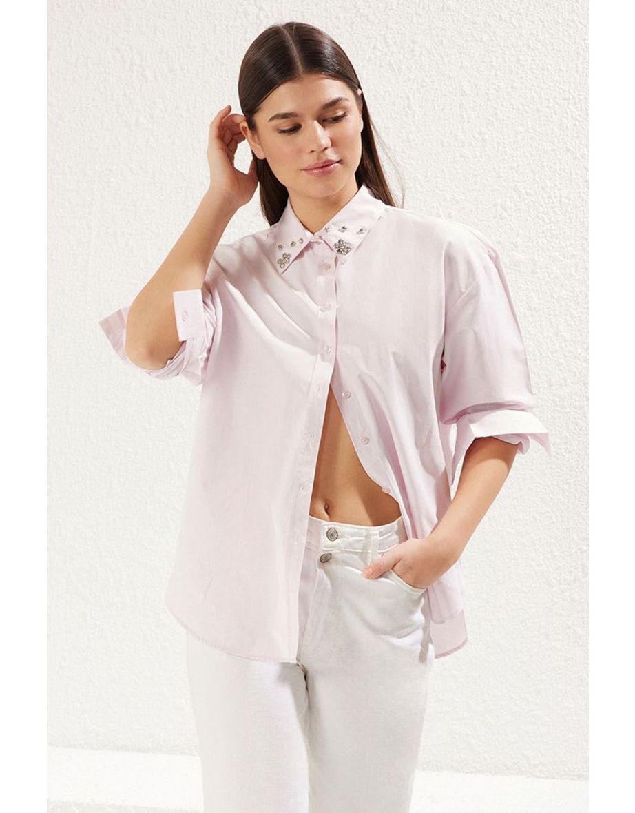 Light Pink Collar Stone Detail Oversize Woven Shirt - 5