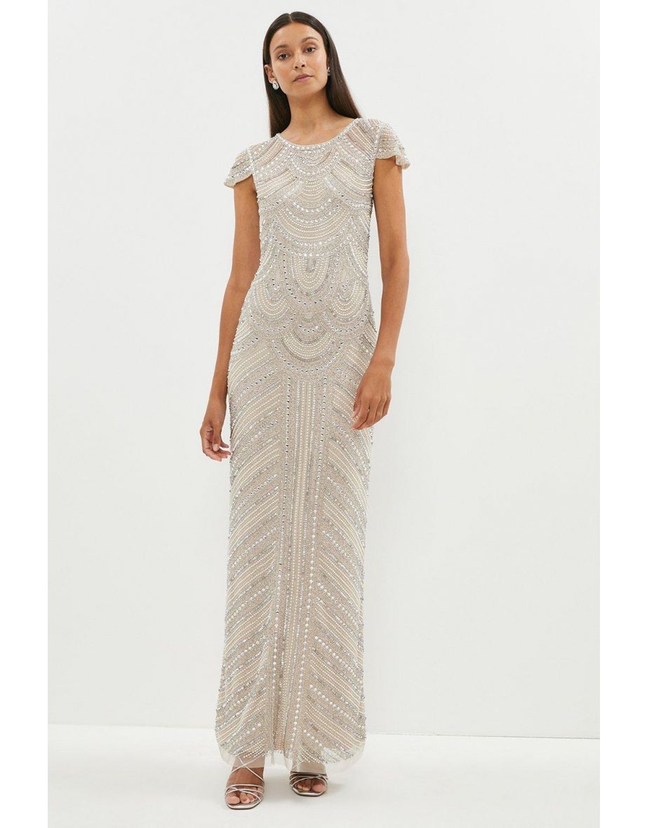 Beaded and Pearl Embellished Cap Sleeve Maxi Dress