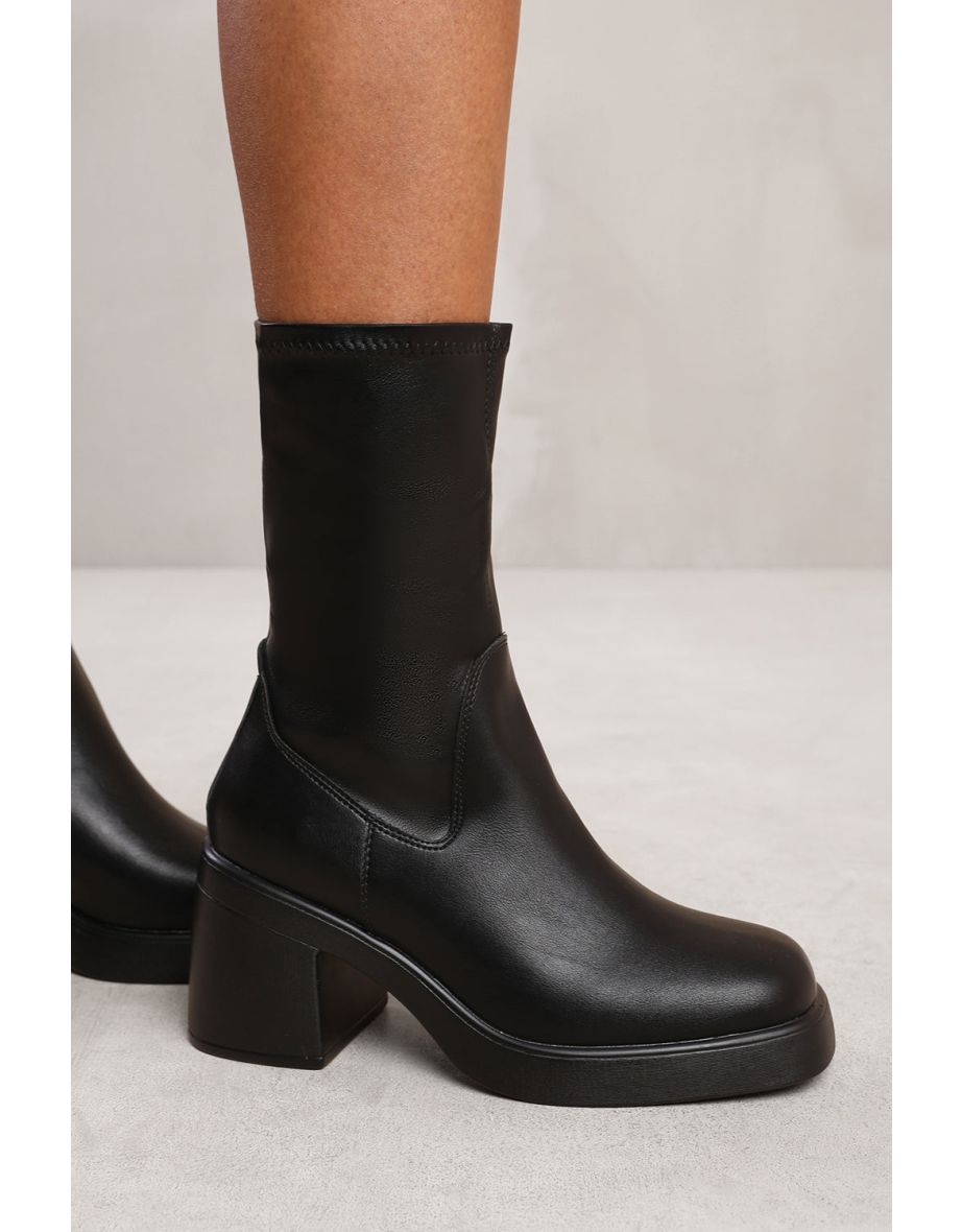 PALOMA MID CALF BOOT WITH CHUNKY HEEL IN BLACK FAUX LEATHER