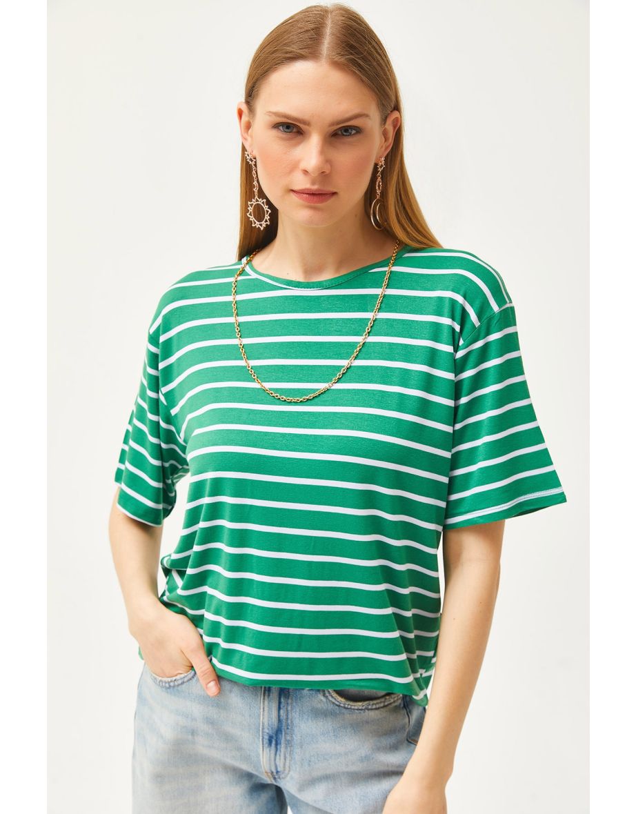 Women's Grass Green Striped Casual T-Shirt - 4