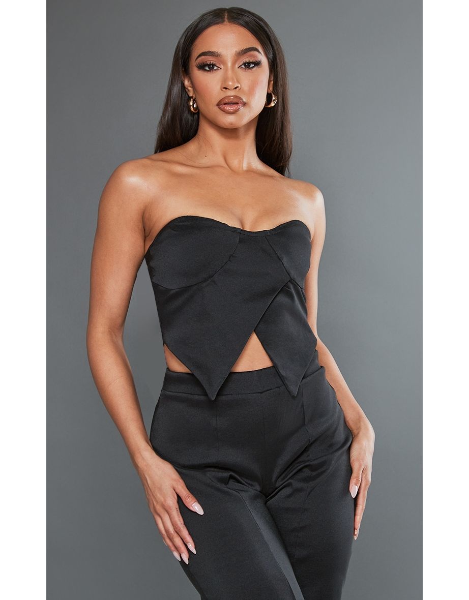 Black Stretch Woven Wrap Over Corset Top