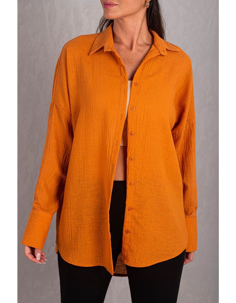 Women's Orange Oversize Textured Linen Look Wide Cuff Shirt - 3