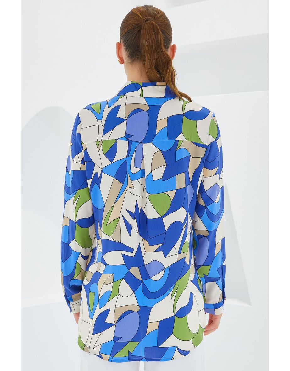 Women's Indigo Beige Graphic Patterned Viscose Shirt - 4
