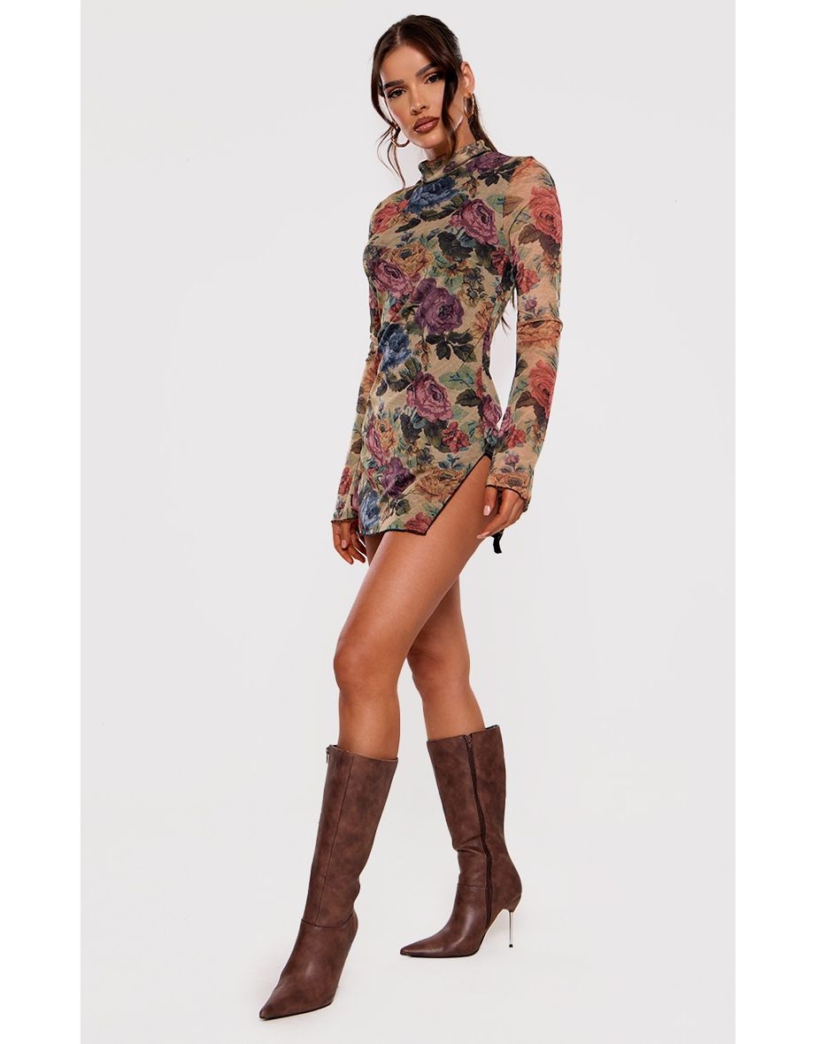 Brown Floral Print High Neck Flared Sleeve Shift Dress