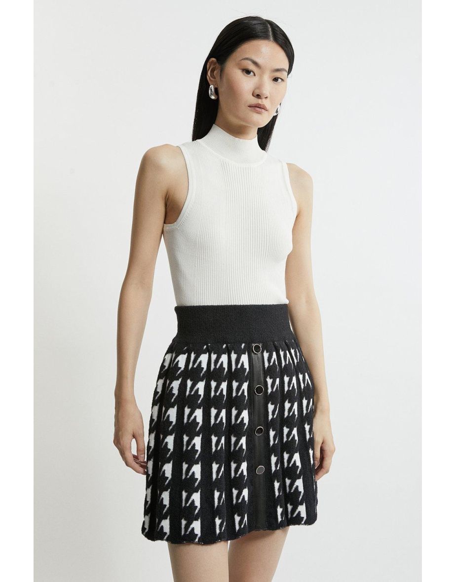 Boucle Knit Dogtooth Jacquard Pu Trim Skater Skirt