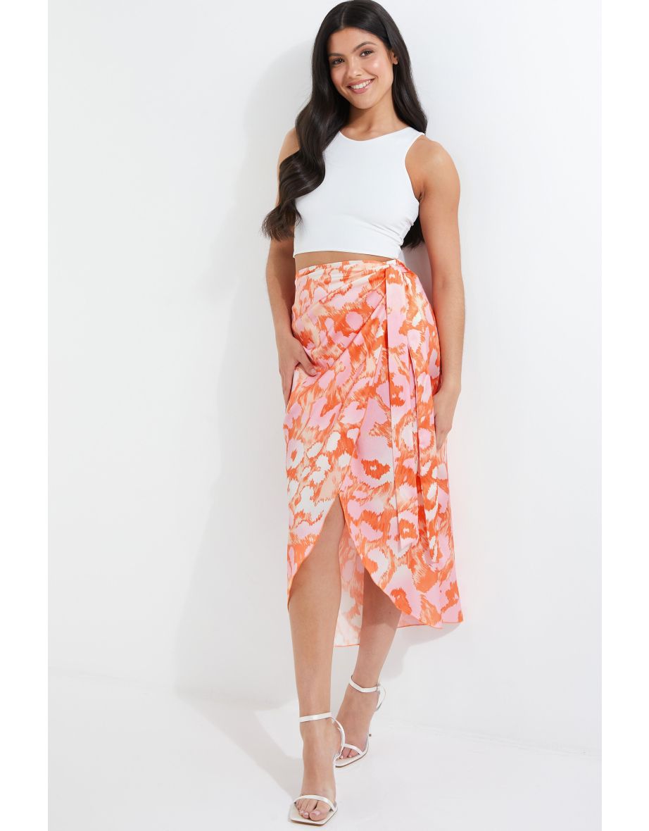 Shop Orange Leopard Print Satin Wrap Midi Skirt Online in Bahrain VogaCloset