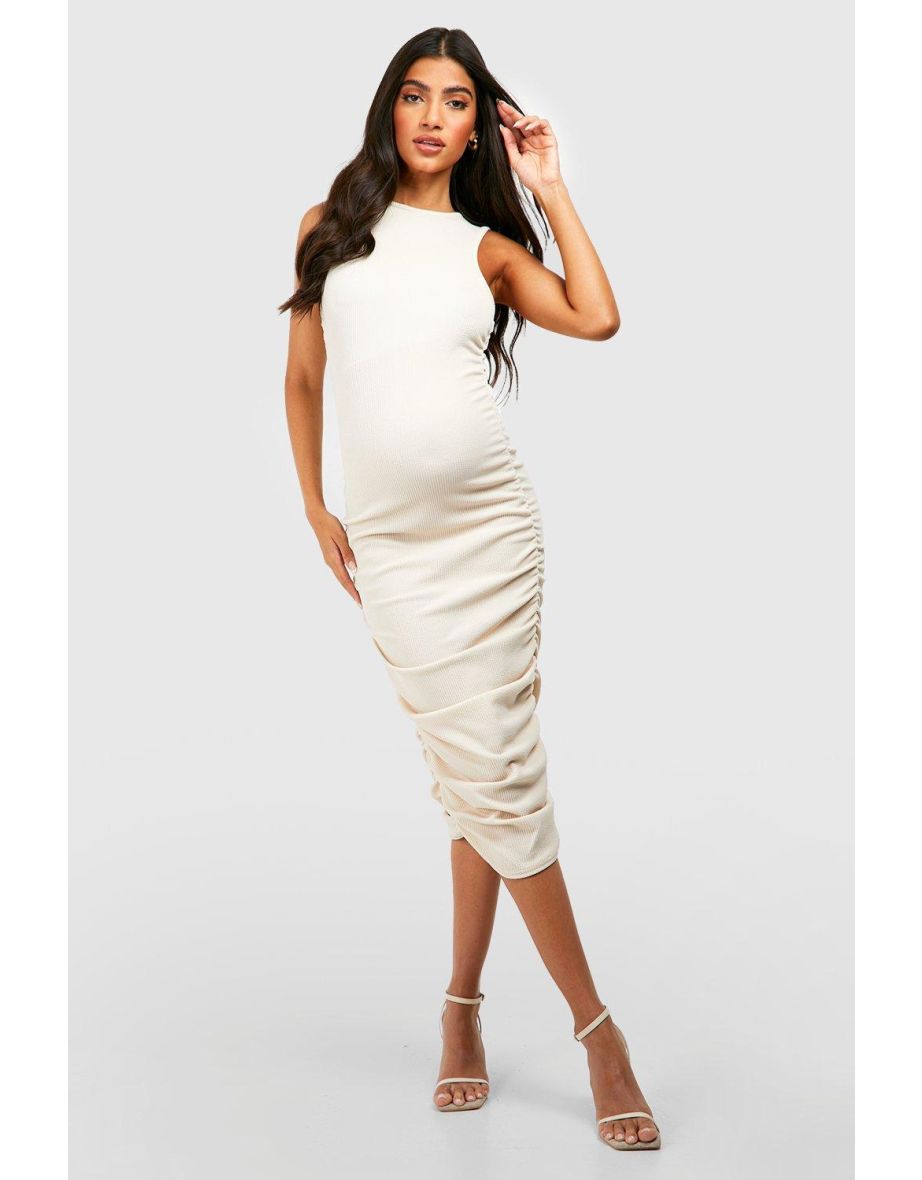 Maternity Crinkle Rib Ruched Racer Neck Bodycon Dress - ecru