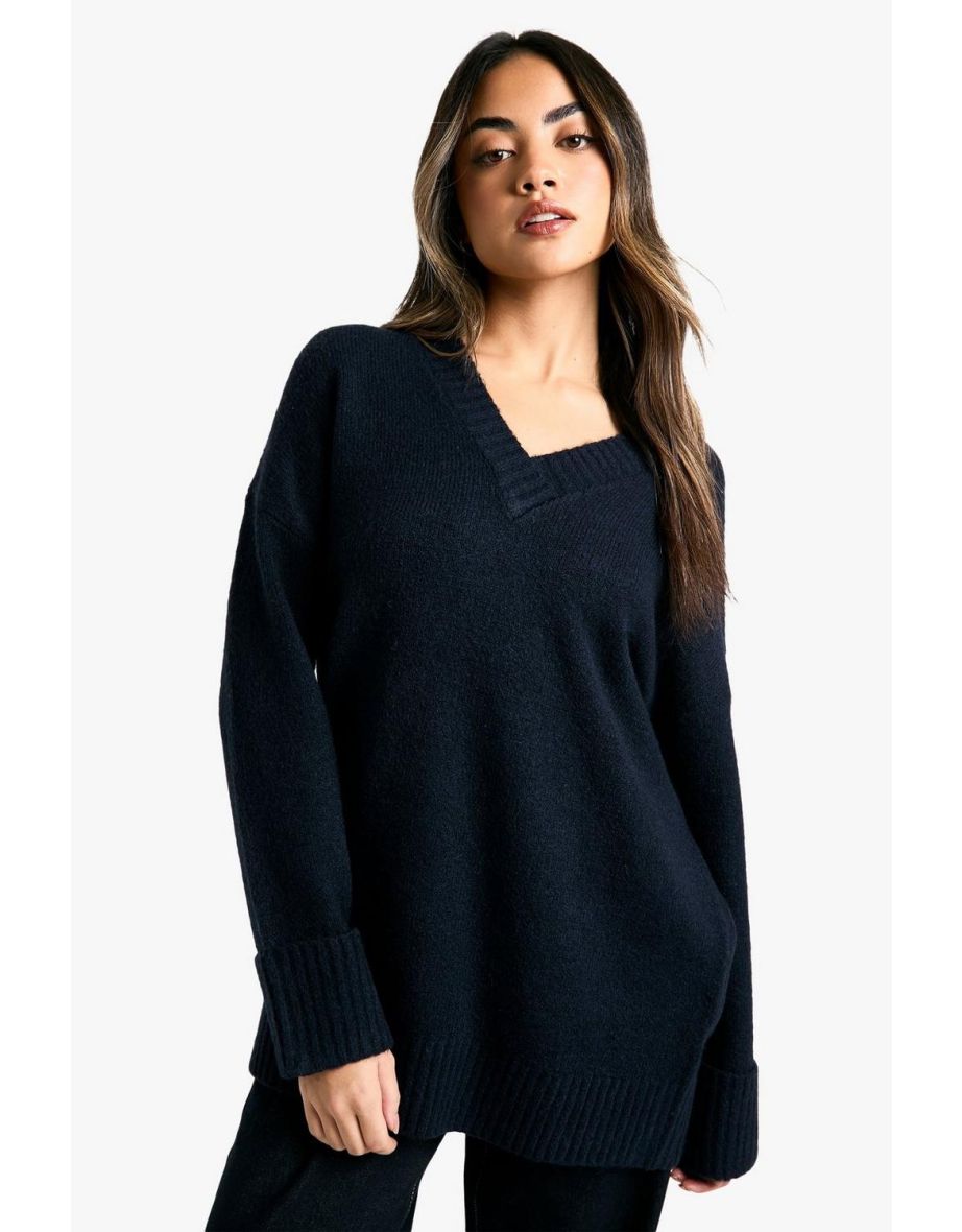 Knitted V Neck Oversized Slouchy Jumper - navy