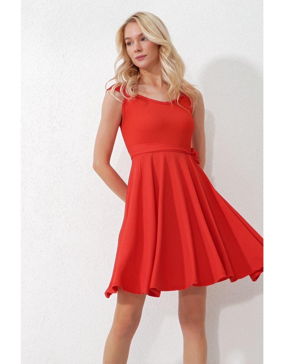 Women's Coral Thick Strappy Skirt Flounce Tied Belted Dress