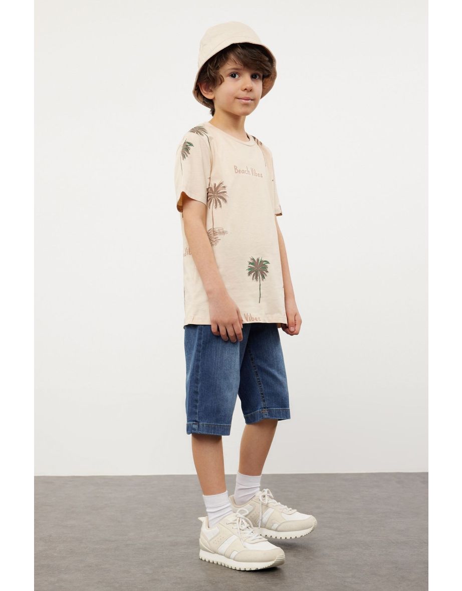 Beige Boy Patterned Short Sleeve T-shirt -Jean Trousers Set Top and Bottom Suit