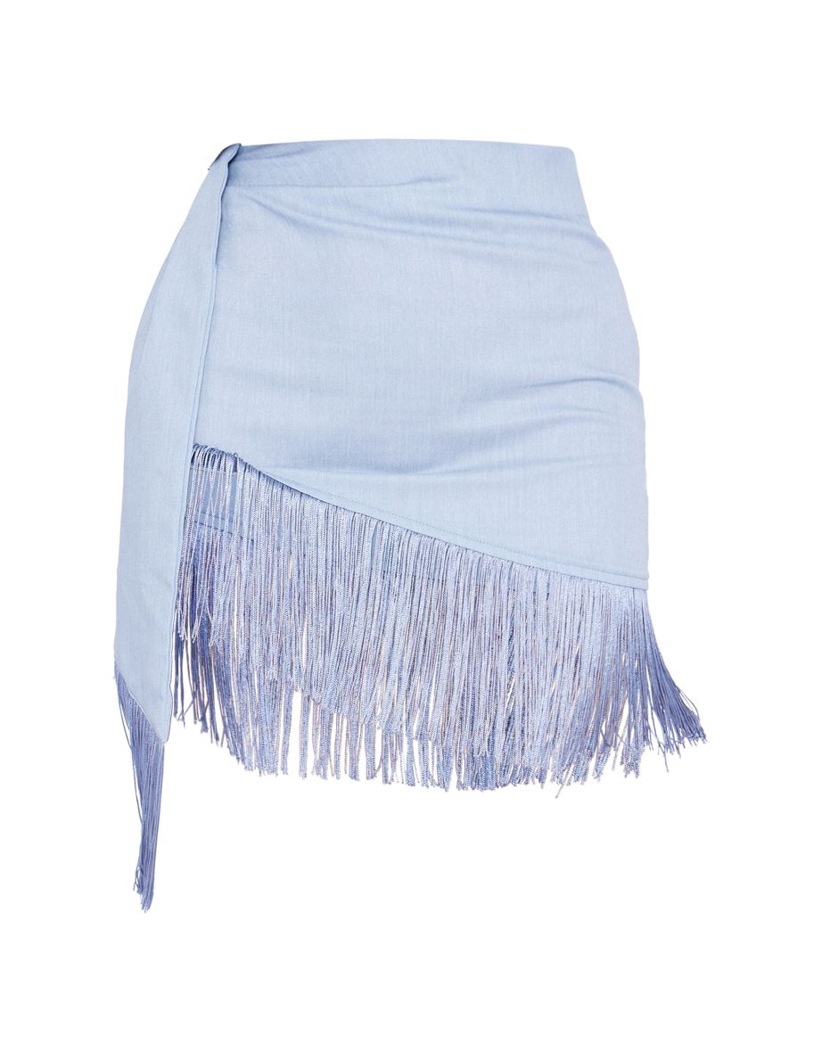 Dusty Blue Woven Fringe Hem Drape Front Mini Skirt - 5