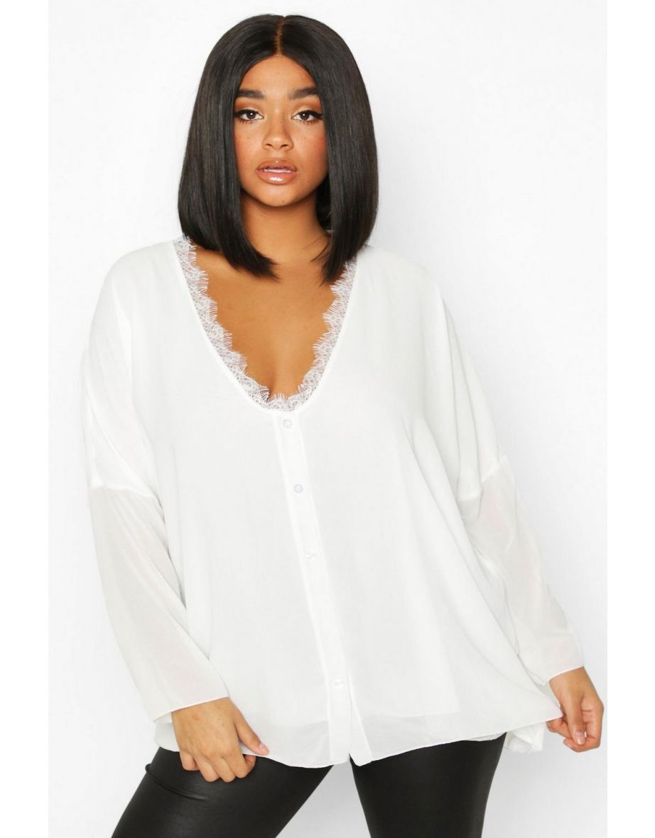 Plus Lace Trim Long Sleeve Blouse - ivory