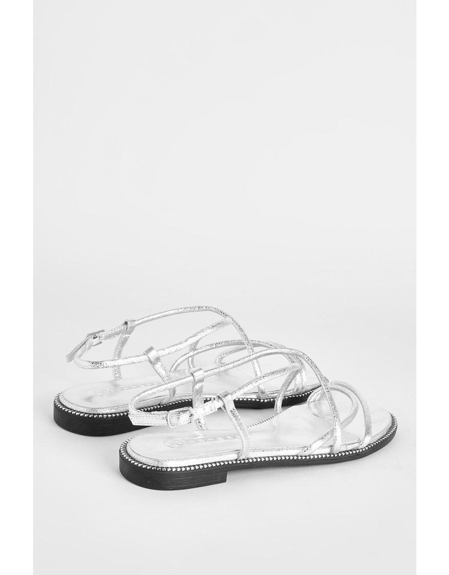 Padded Skinny Strap Flat Sandals - silver - 3