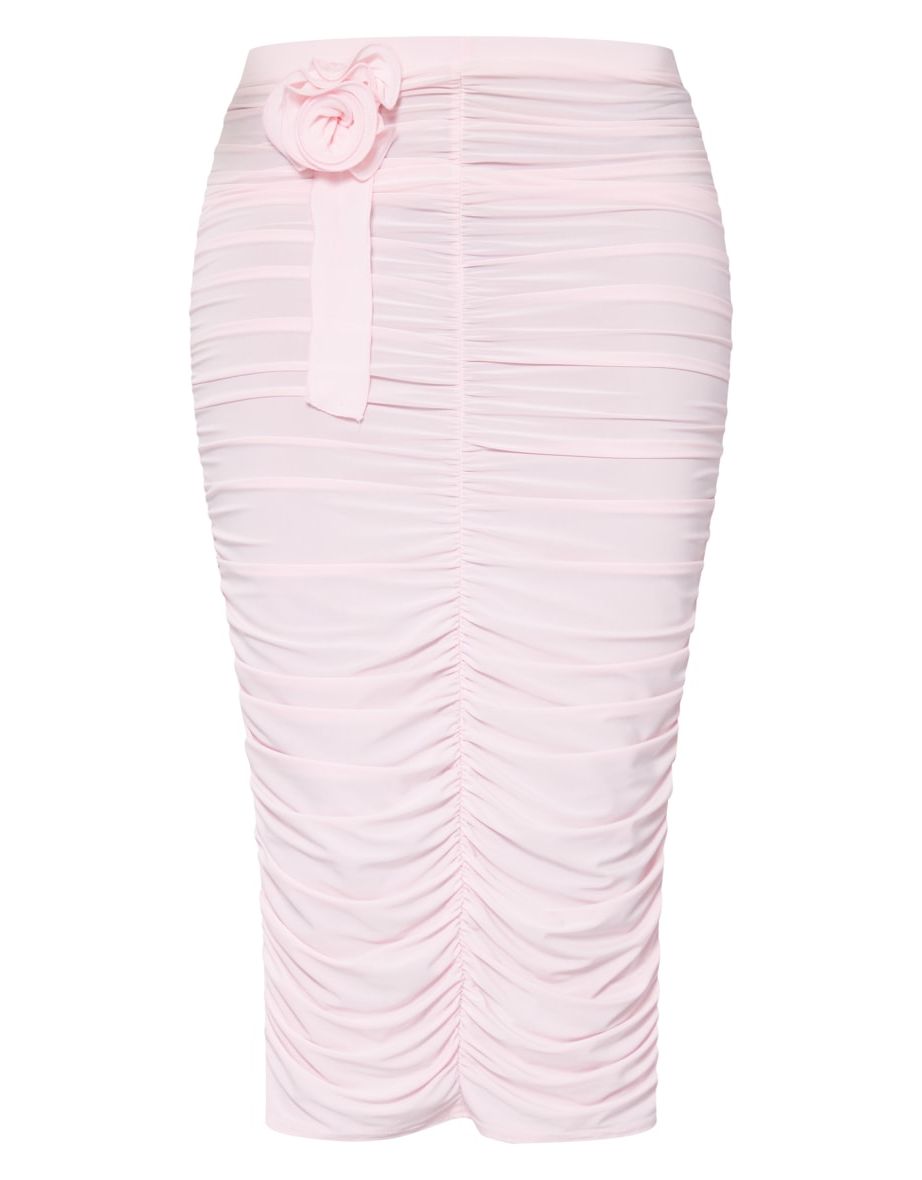 Tall Baby Pink Slinky Ruched Rose Detail Midi Skirt - 4