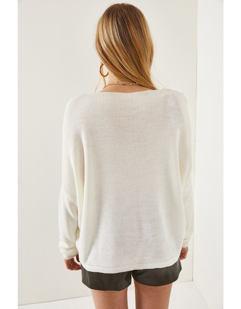 Women's Ecru V-Neck Decollete Loose Knitwear Blouse - 4
