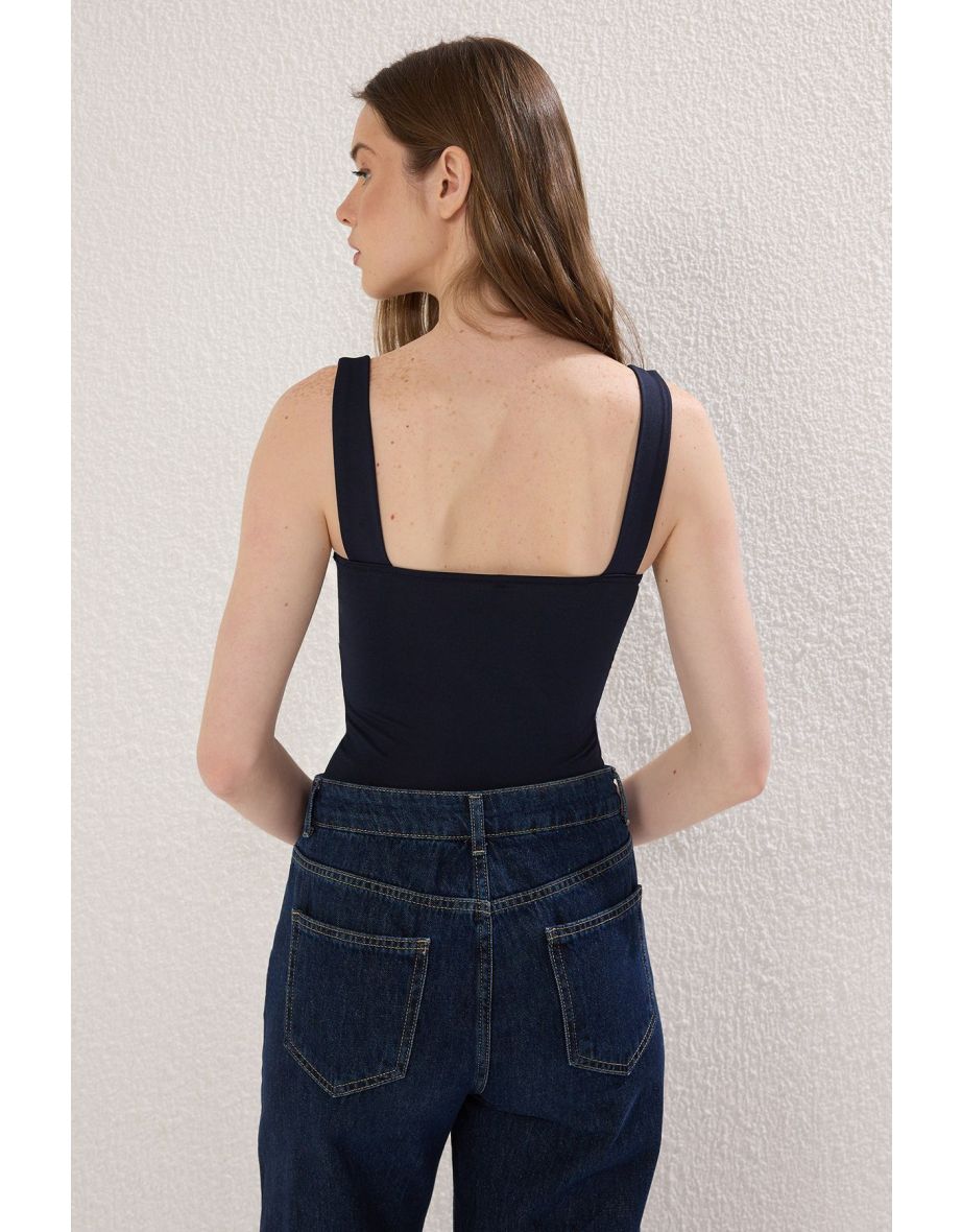 Navy Blue Fitted/Fits on the Body with Back Detail Square Neck Snap Elastic Knitted Bodysuit - 3