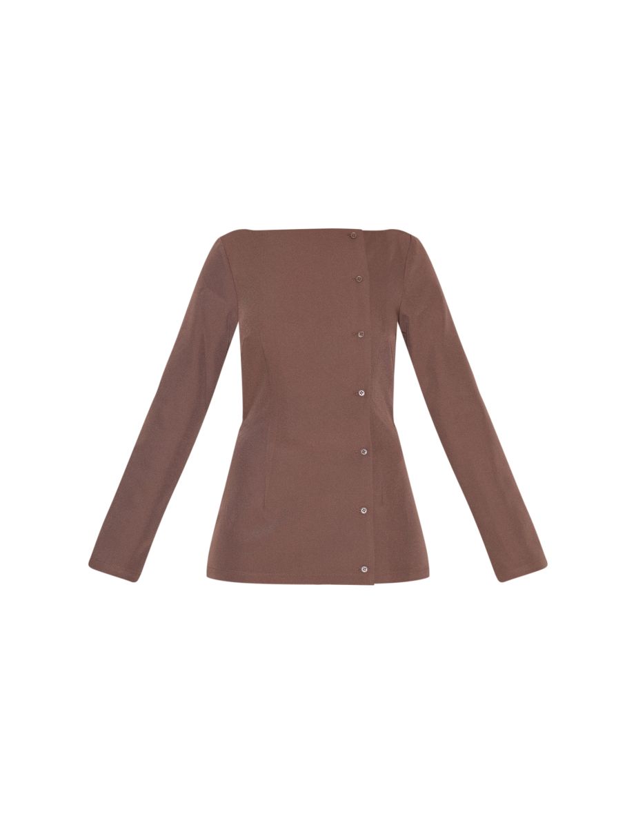 Chocolate Woven Asymmetric Button Tailored Skort Playsuit - 4