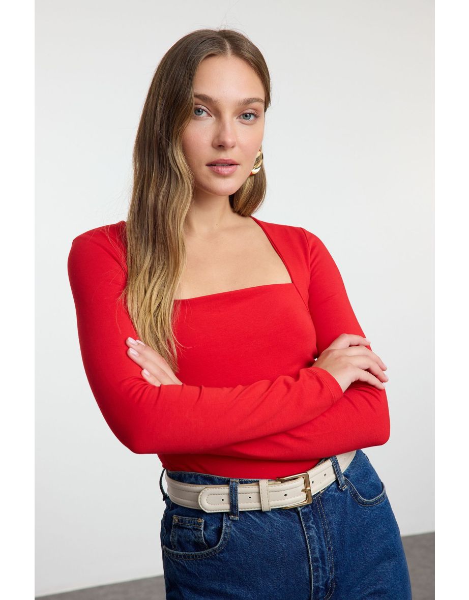Red Square Neck Gather/Drape Detailed Slim/Fitting Knitted top