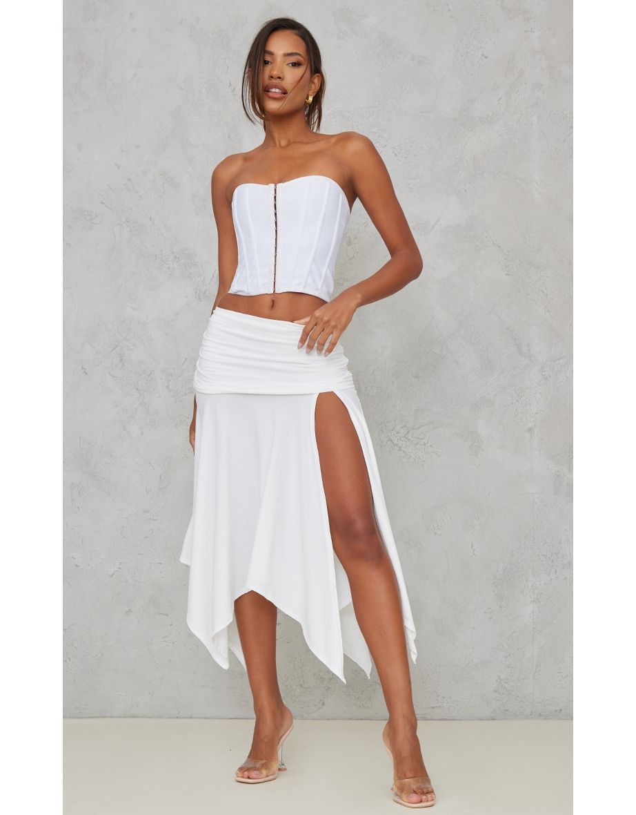 White Soft Touch Ruched Asymetric Midi Skirt