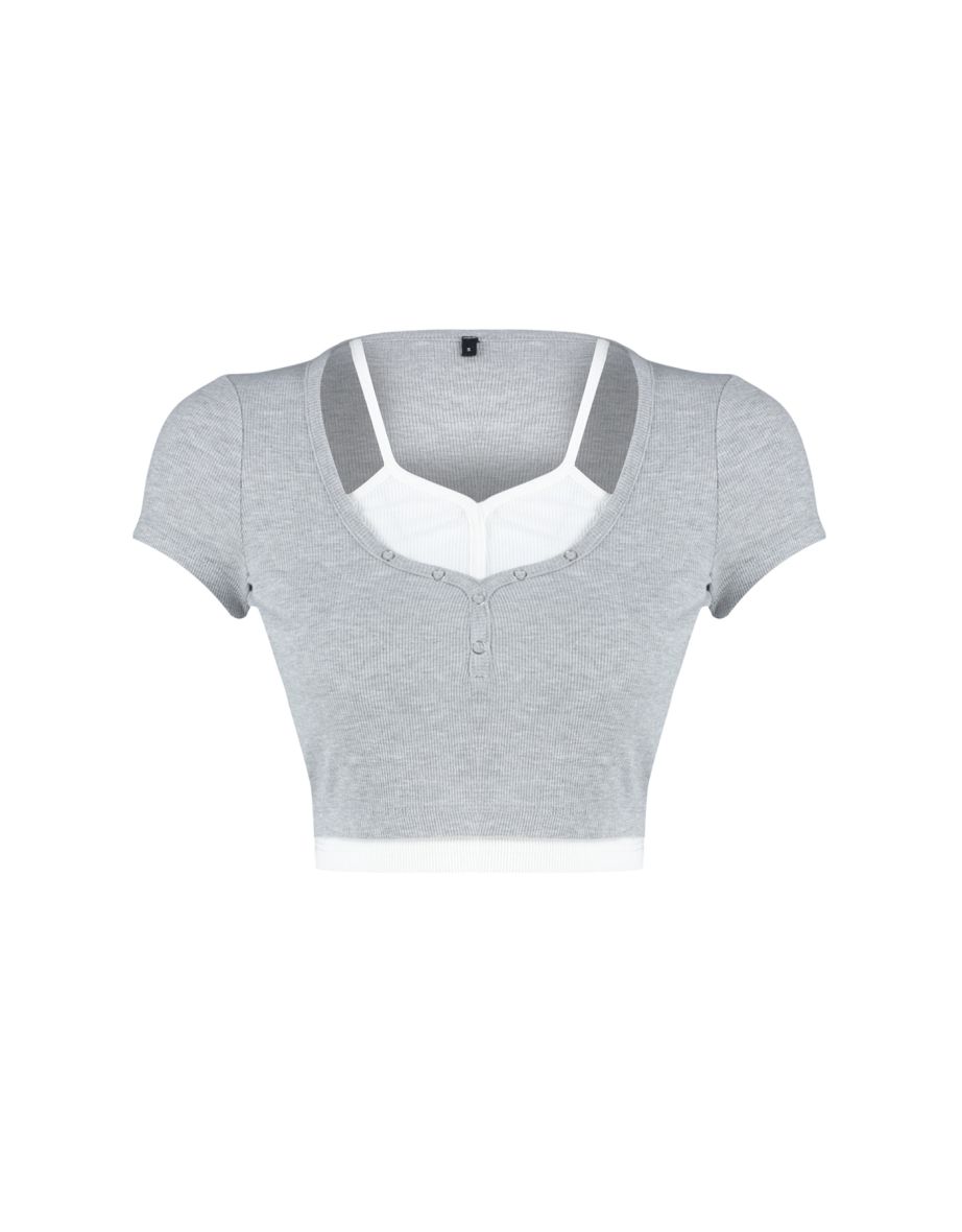 Gray Double Layer Detail Fitted Ribbed Elastic Knitted Blouse