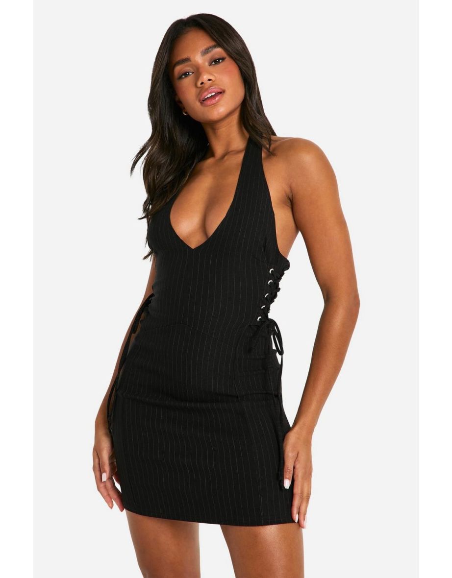 Bengaline Pinstripe V Neck Tie Side Mini Dress - black