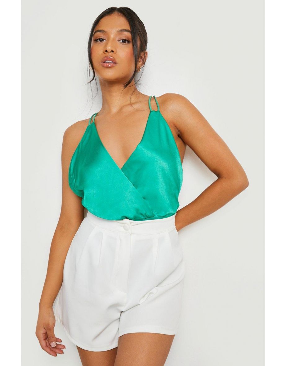 Petite Double Strap Satin Wrap Bodysuit - green