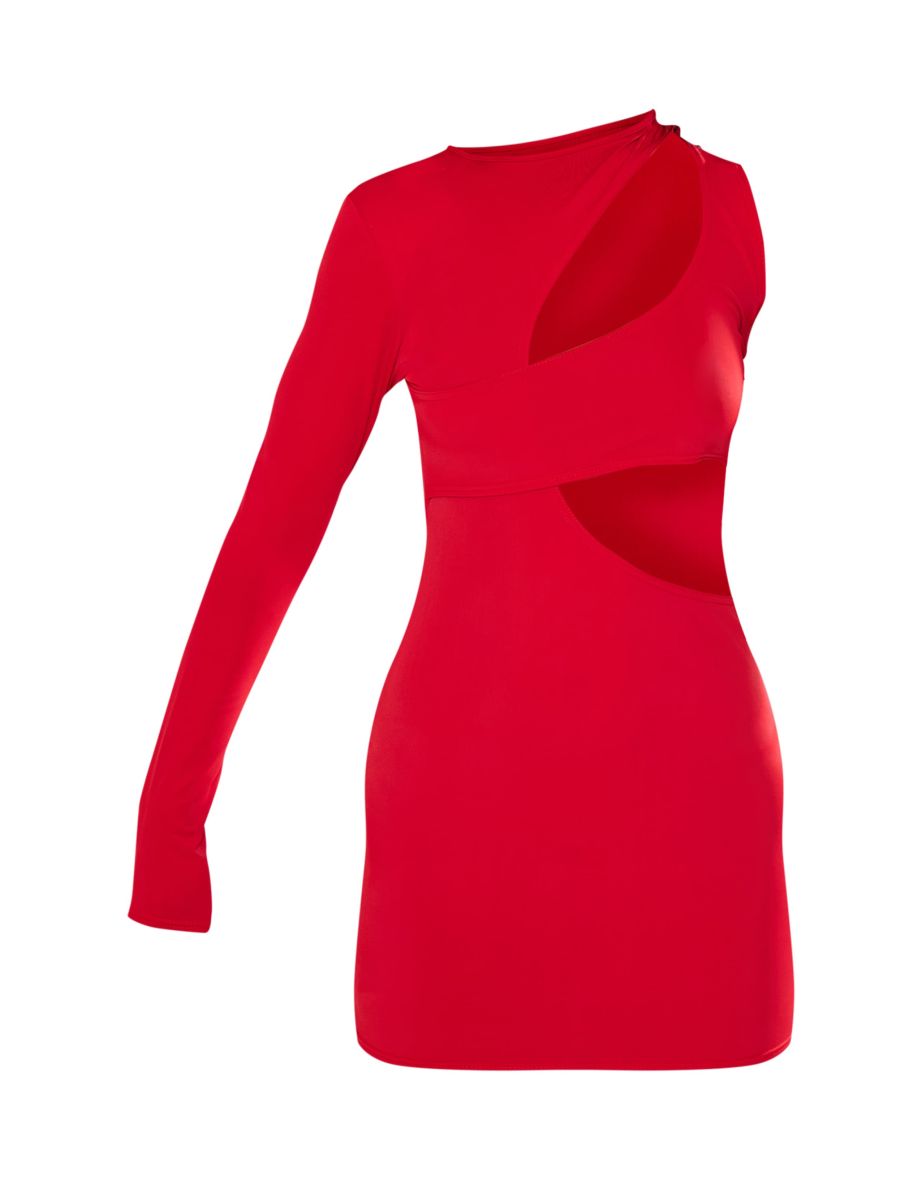 Red Slinky Extreme Cut Out One Sleeve Mini Dress - 4