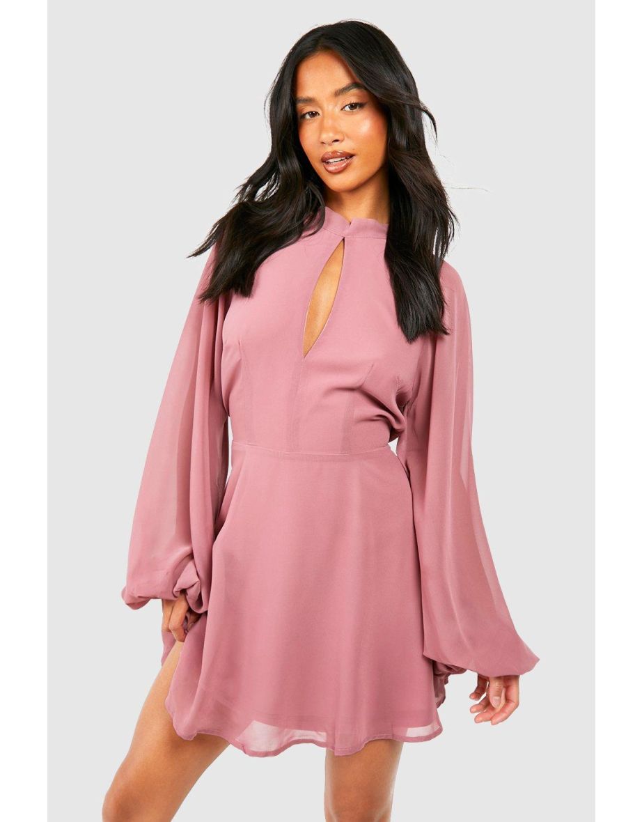 Petite High Neck Volume Sleeve Skater Dress - rose