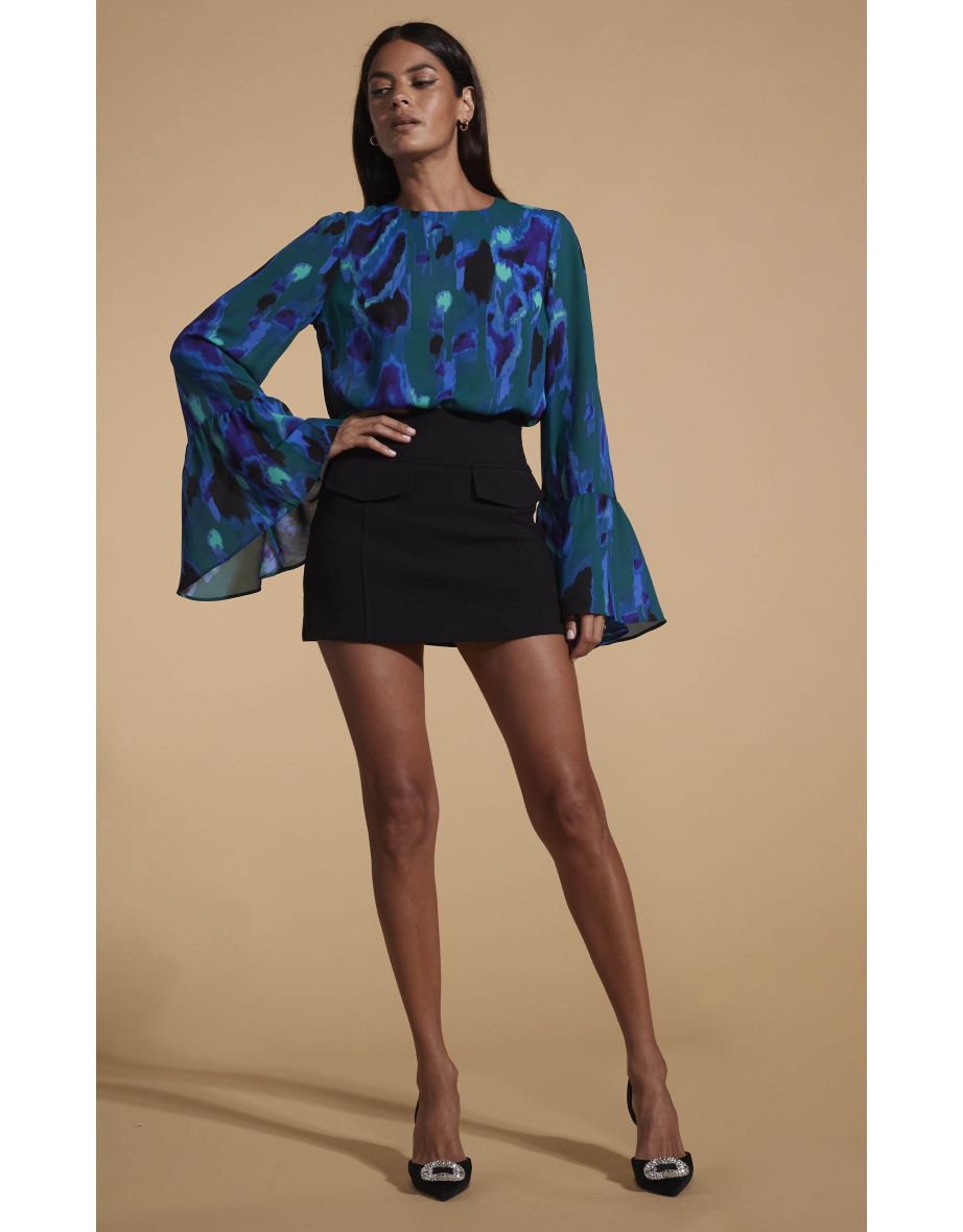 Suvi Flare Sleeve Top In Camo Abstract Blue On Green