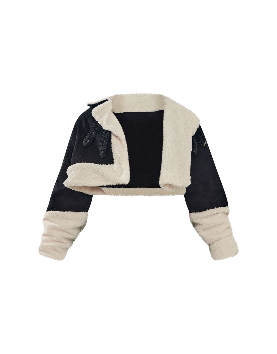 Black Cropped Denim Borg Contrast Aviator Jacket - 4