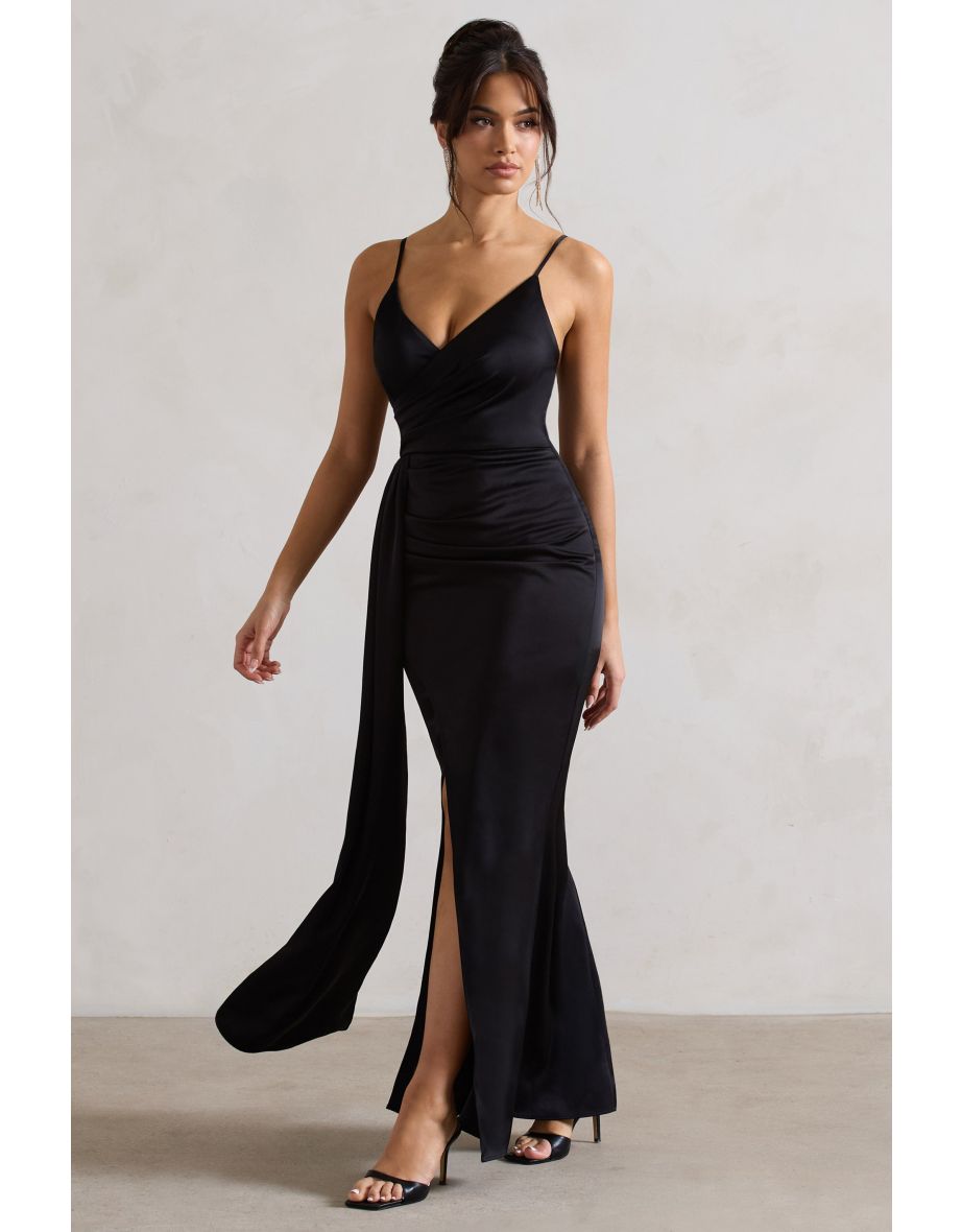 Soraya | Black Satin V-Neck Split Maxi Dress With Drape