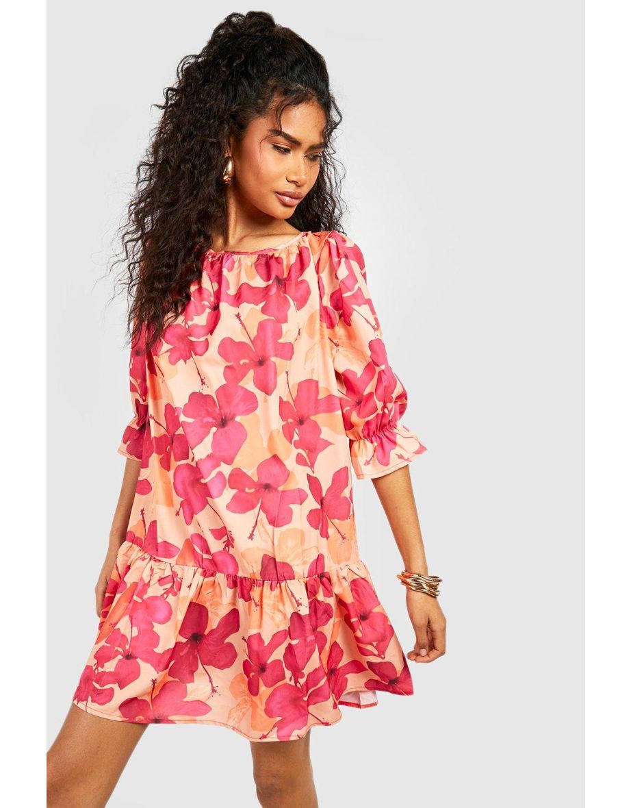 Floral Ruffle Smock Dress - orange
