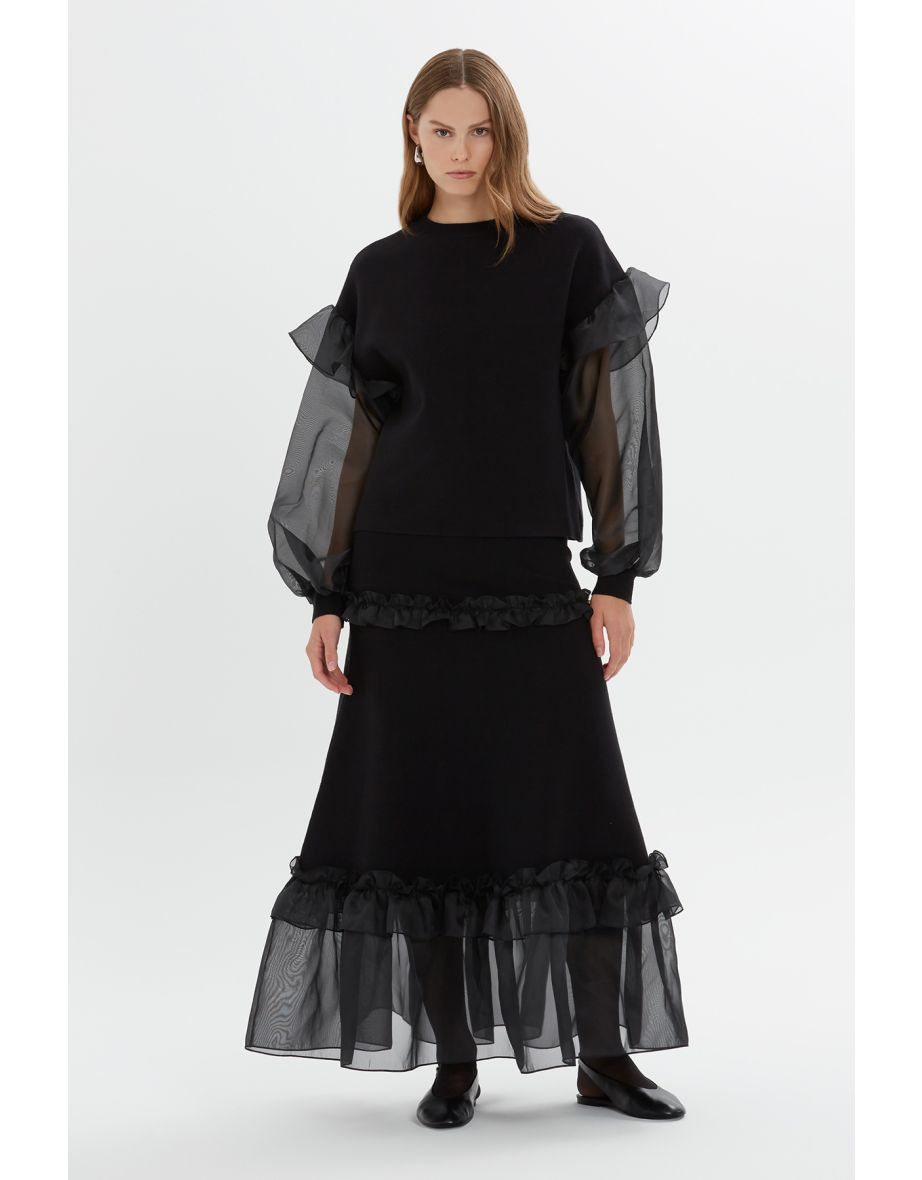 Organza Sleeve Detail Black Knit Blouse